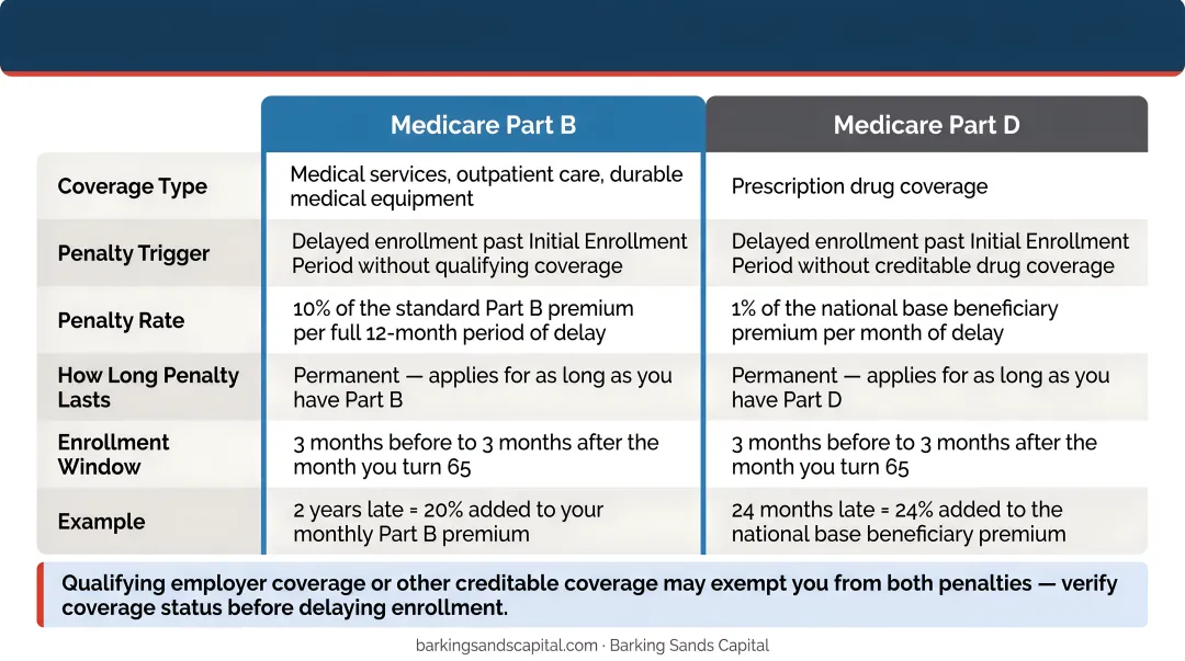 Medicare Part B and Part D late enrollment penalty calculator comparison infographic