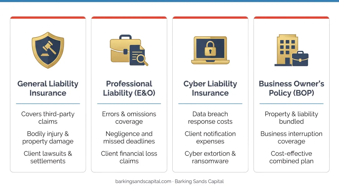 Four essential business insurance types for female entrepreneurs coverage overview infographic