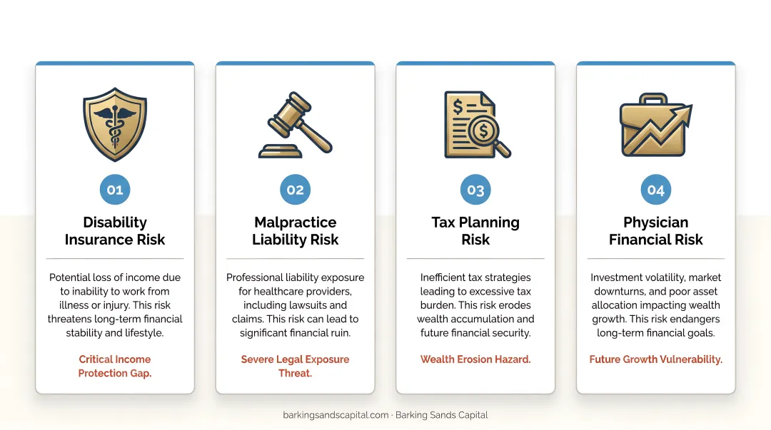 Four unique physician financial risks including disability insurance malpractice and tax planning
