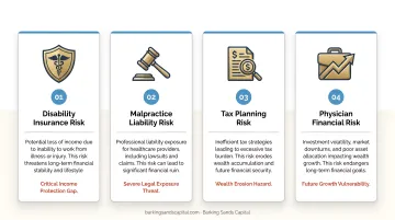 Four unique physician financial risks including disability insurance malpractice and tax planning