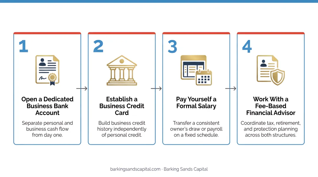 4-step business and personal finance separation setup process infographic