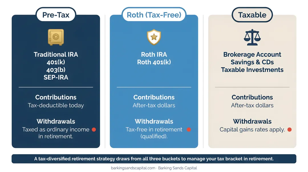 Three-bucket retirement account tax diversification strategy pre-tax Roth and taxable