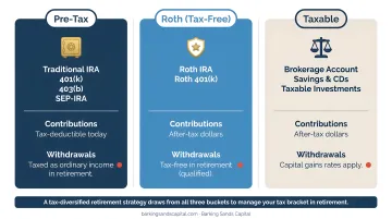 Three-bucket retirement account tax diversification strategy pre-tax Roth and taxable