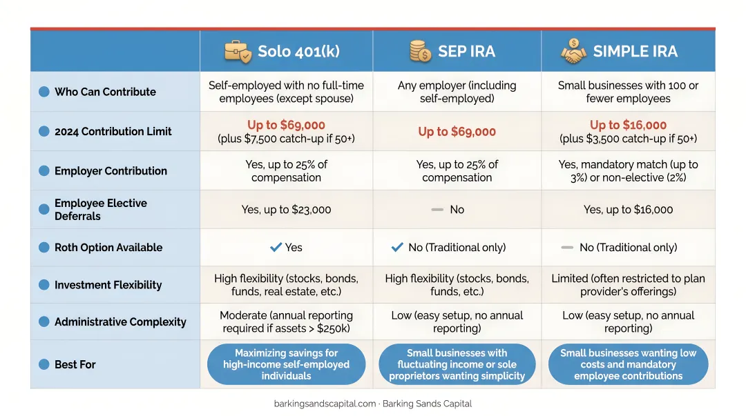 Solo 401k SEP IRA and SIMPLE IRA retirement account comparison for self-employed individuals