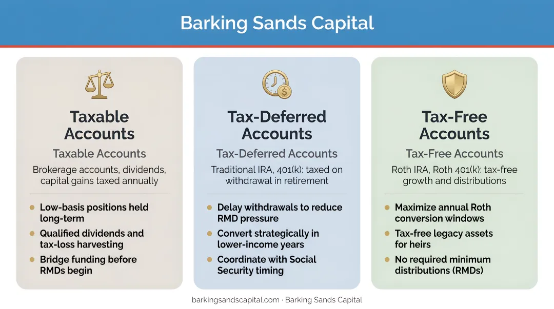 Three-bucket retirement account tax structure strategy for high-net-worth retirees