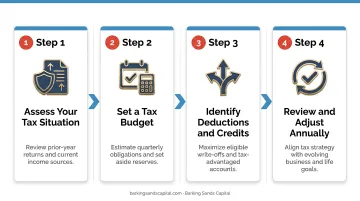 Four-step small business tax planning budgeting framework process flow infographic
