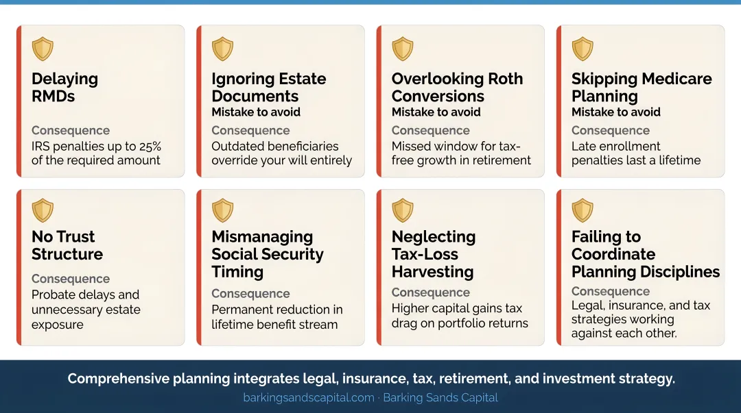 Common senior tax and estate planning mistakes to avoid retirement financial security infographic