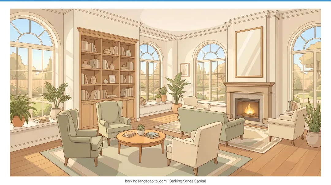 Assisted living facility common area showing comfortable senior residential care environment