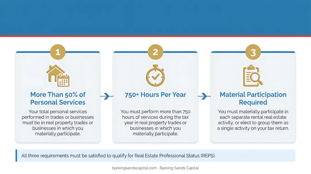 Real Estate Professional Status REPS three qualification requirements process infographic