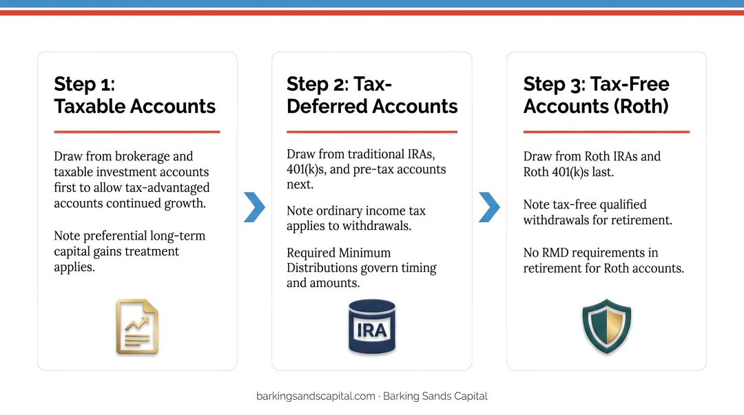 Three-step retirement withdrawal sequencing strategy taxable to Roth accounts