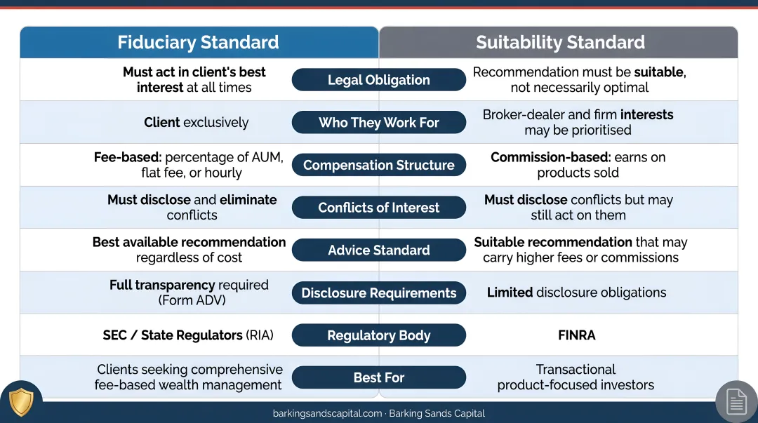 Fiduciary standard versus suitability standard side-by-side comparison infographic