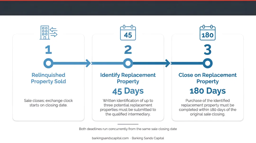 1031 exchange three-step timeline with 45-day identification and 180-day closing deadlines