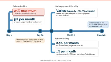 IRS penalty accumulation timeline showing failure-to-file failure-to-pay and underpayment rates