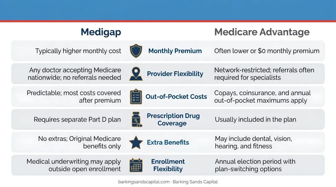 Medigap versus Medicare Advantage side-by-side comparison of costs flexibility and coverage