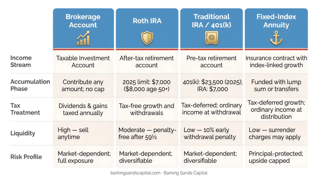 Four early retirement income streams comparison infographic for accumulation phase