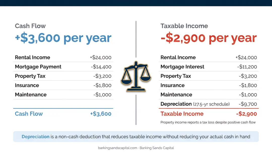 Rental property depreciation math showing positive cash flow versus negative taxable income