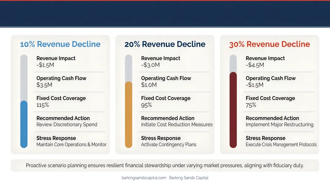 Cash flow stress test process infographic showing 10 20 30 percent revenue decline scenarios