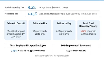 Employer payroll tax obligations breakdown including Social Security Medicare and penalty rates