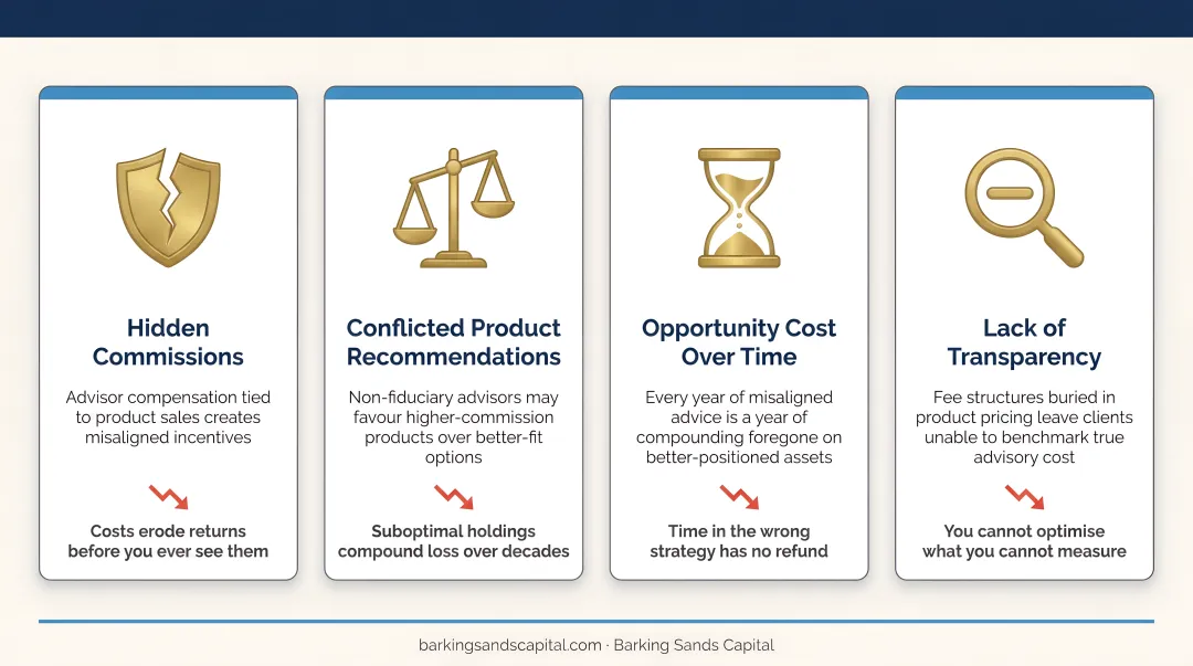 Four hidden costs of non-fiduciary financial advice wealth erosion over time infographic