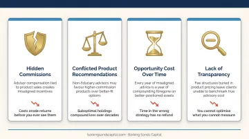 Four hidden costs of non-fiduciary financial advice wealth erosion over time infographic