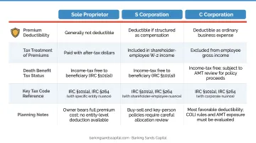 Life insurance tax treatment comparison across sole proprietor S corporation and C corporation entity types