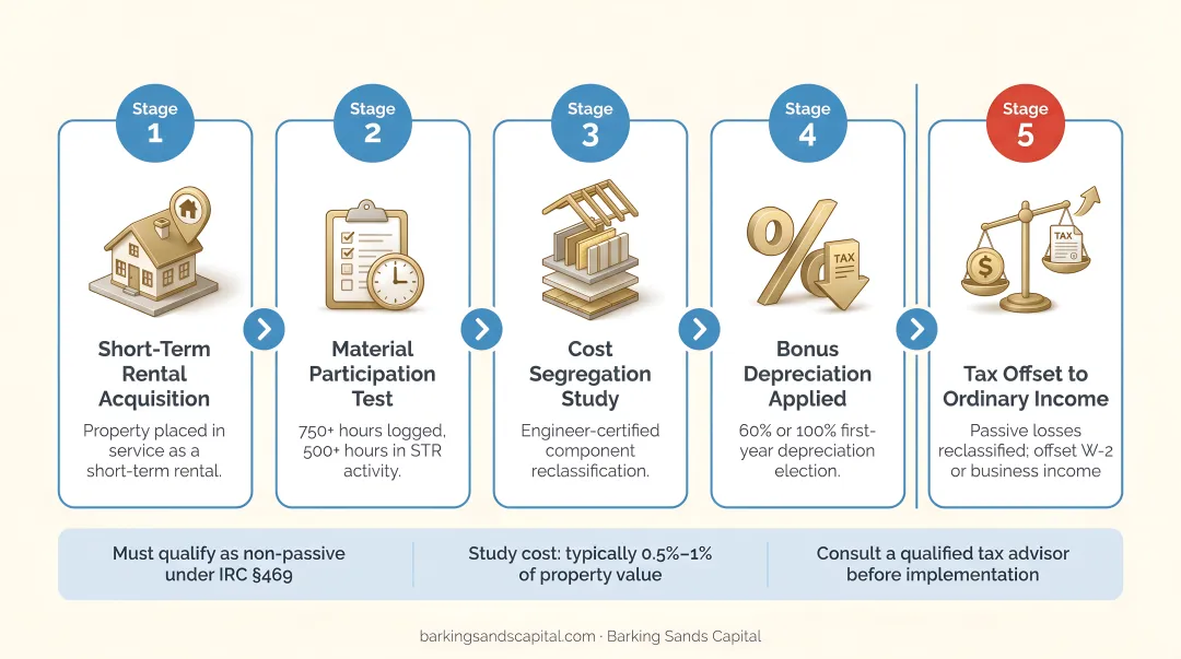 Short-term rental tax strategy process flow combining material participation cost segregation and bonus depreciation