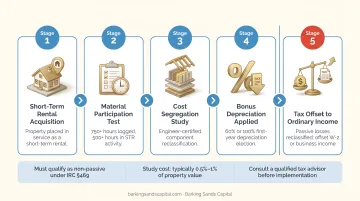 Short-term rental tax strategy process flow combining material participation cost segregation and bonus depreciation