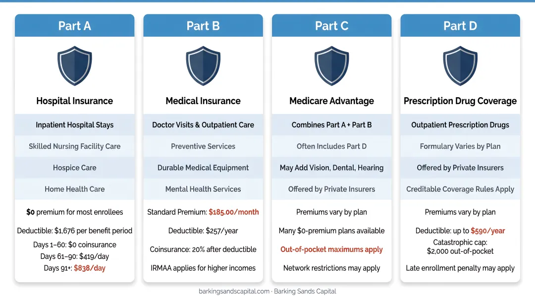 Medicare four parts A B C D coverage and 2025 costs breakdown infographic