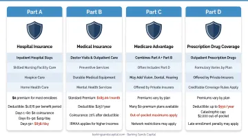 Medicare four parts A B C D coverage and 2025 costs breakdown infographic