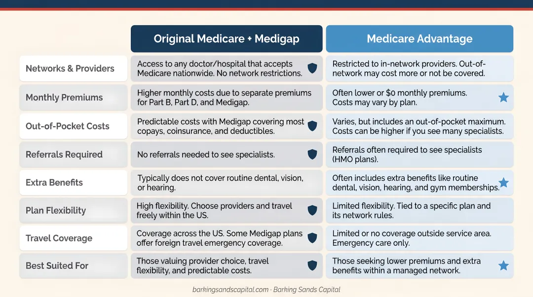 Original Medicare with Medigap versus Medicare Advantage side-by-side comparison chart