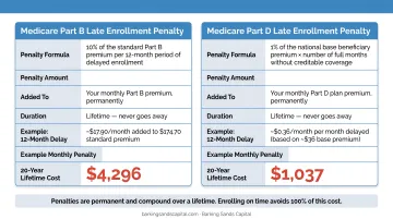 Medicare Part B and Part D late enrollment penalty calculation lifetime cost infographic