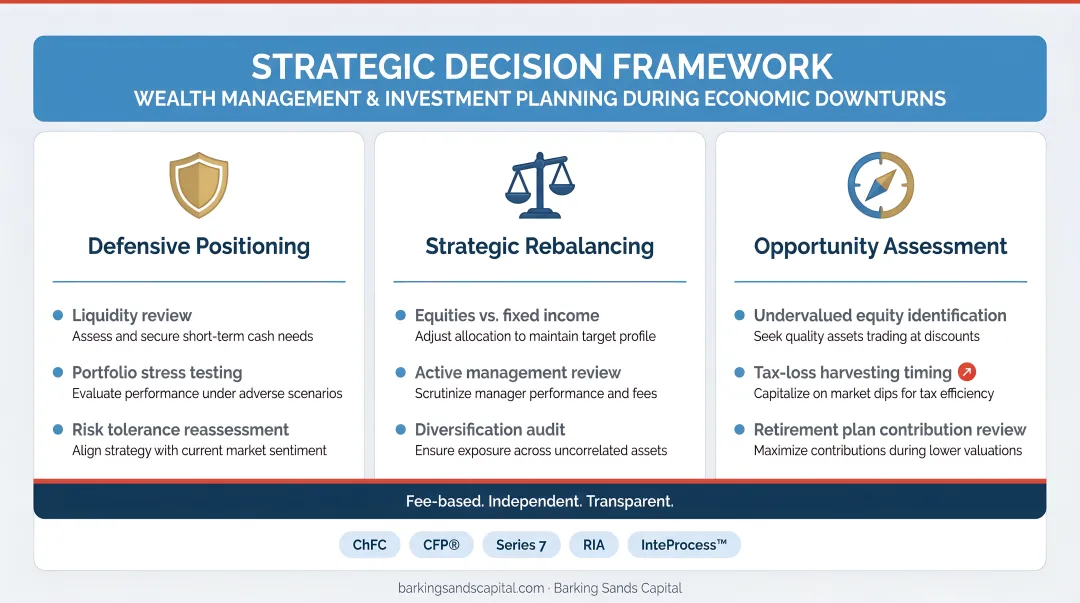 Business leadership team reviewing strategic investment decisions during economic downturn planning session