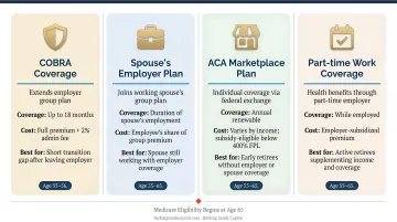 Four healthcare coverage options bridging retirement at 55 to Medicare eligibility at 65