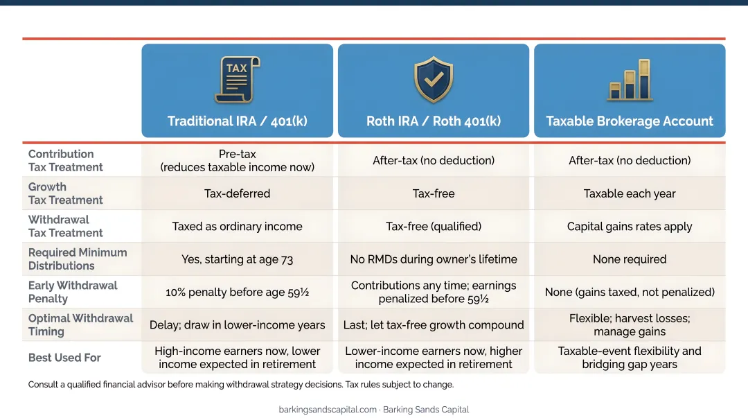 Three retirement account types tax treatment and optimal withdrawal timing strategy comparison