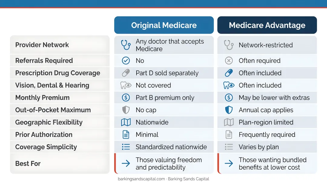 Original Medicare versus Medicare Advantage side-by-side feature comparison infographic