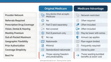 Original Medicare versus Medicare Advantage side-by-side feature comparison infographic