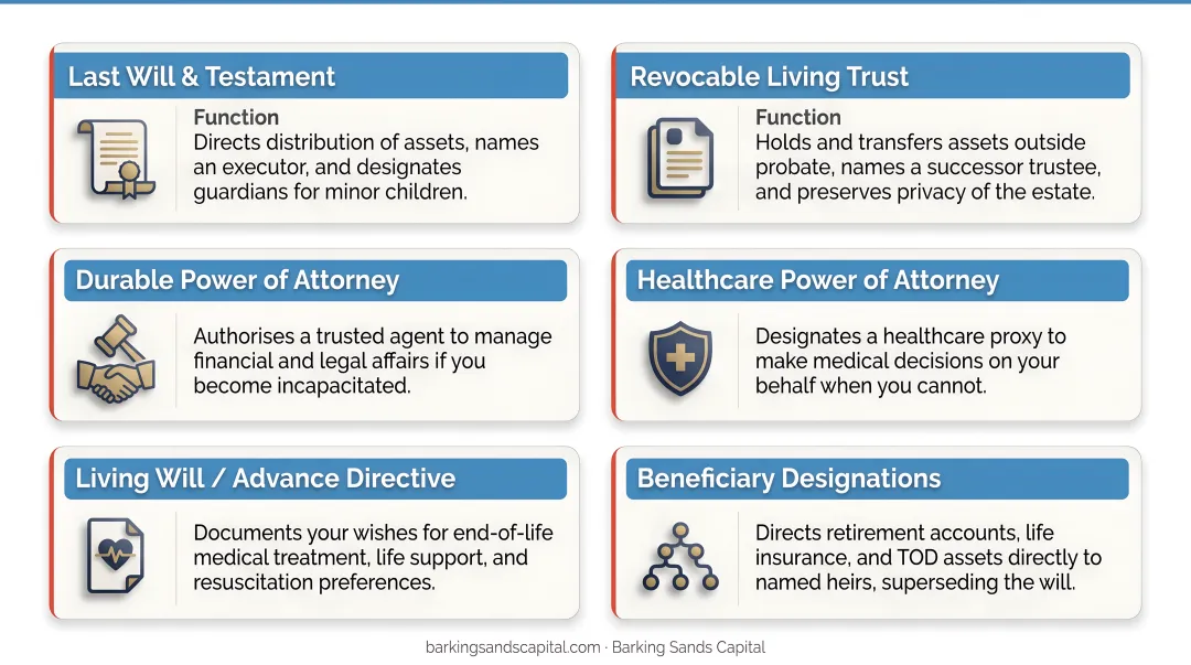 Six core estate planning documents overview infographic with key functions