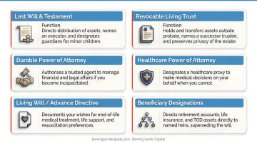 Six core estate planning documents overview infographic with key functions