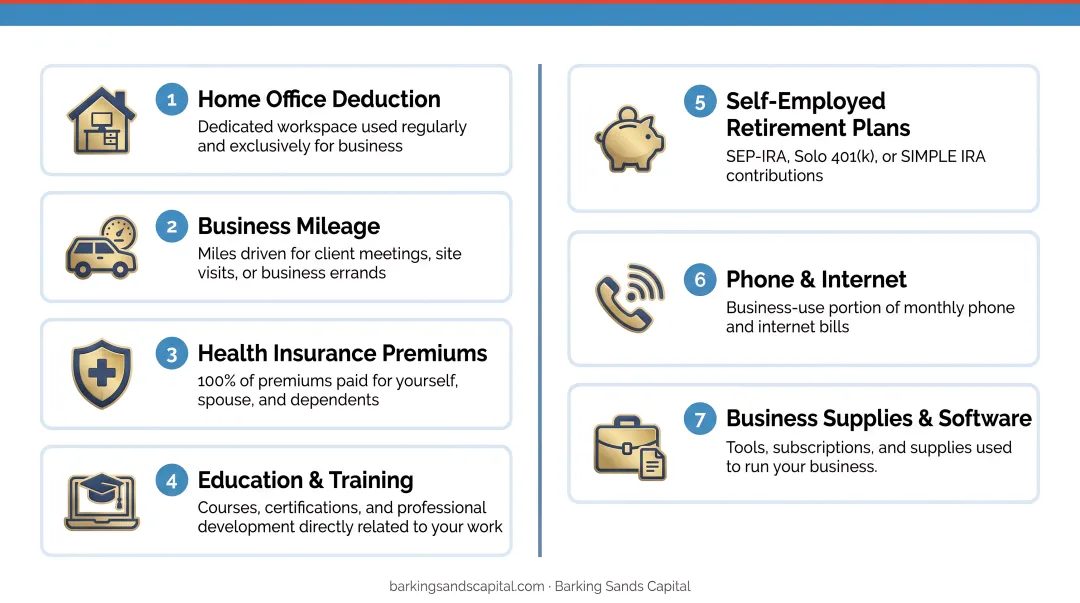 Seven commonly overlooked self-employed tax deductions visual checklist infographic