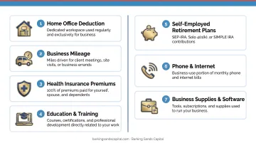 Seven commonly overlooked self-employed tax deductions visual checklist infographic