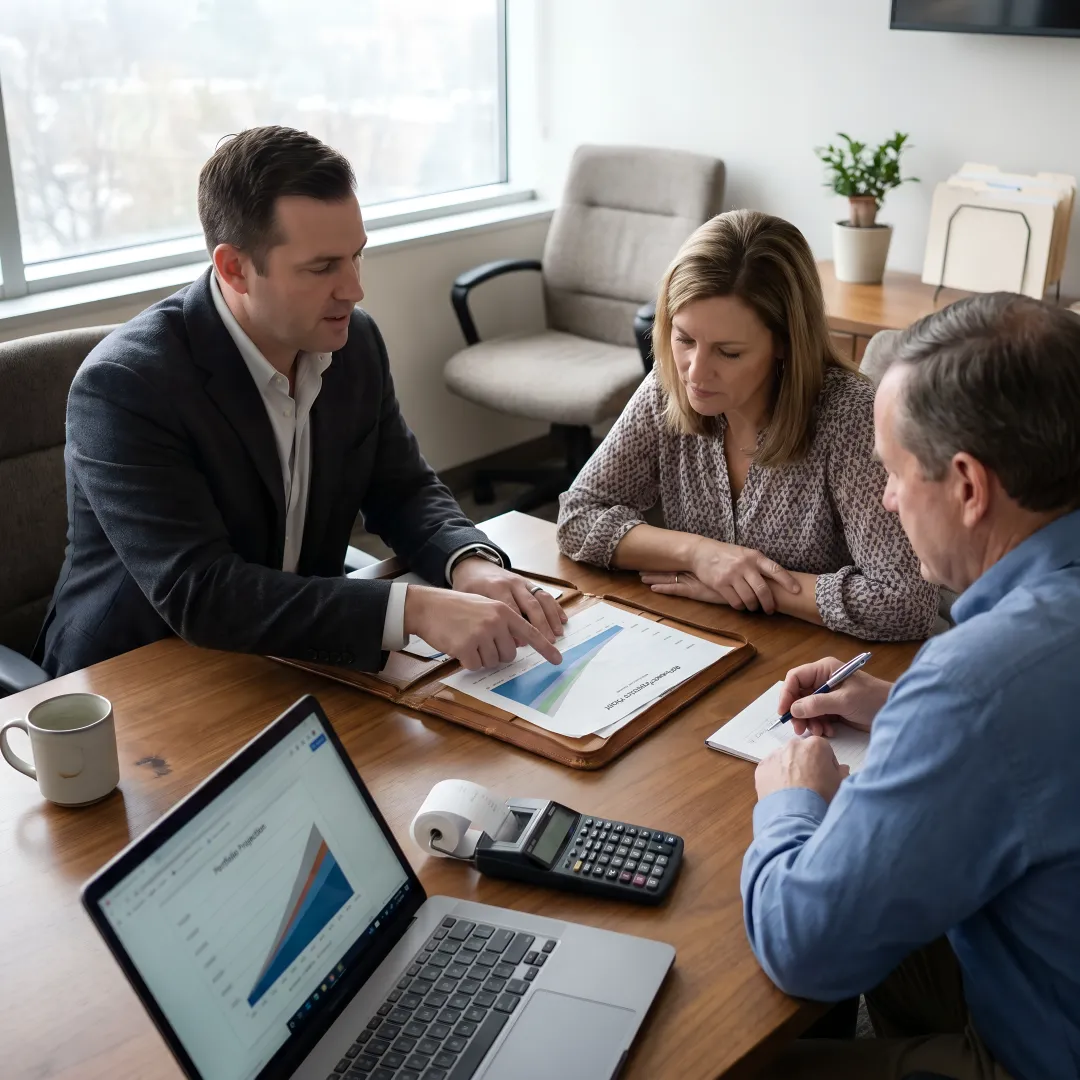Advisor reviewing tax strategy plan with business owner and family