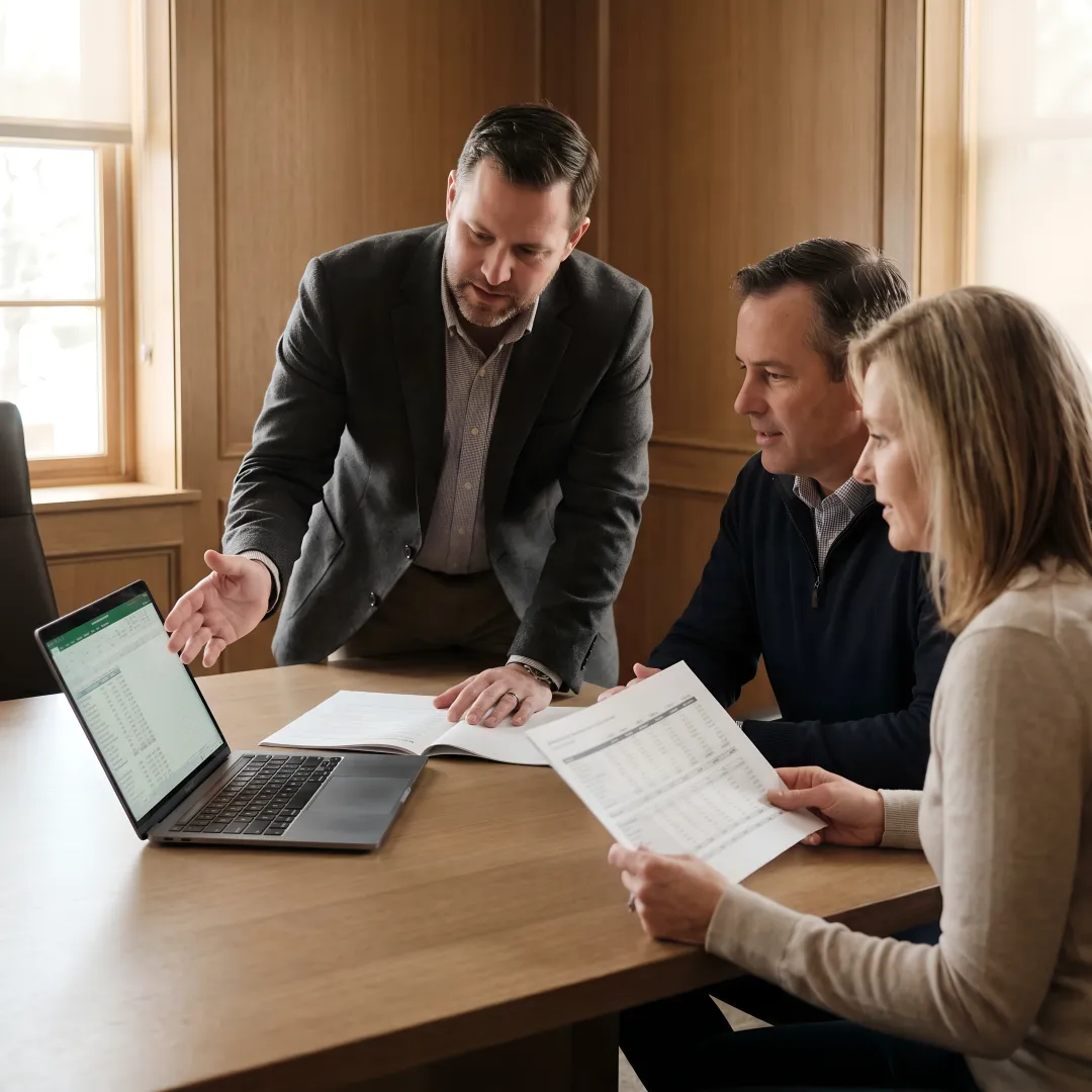 Family reviewing college financial aid plan with advisor