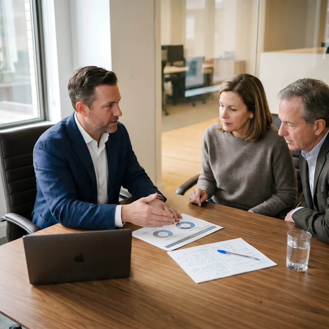 Equity investment advisor discussing portfolio strategy