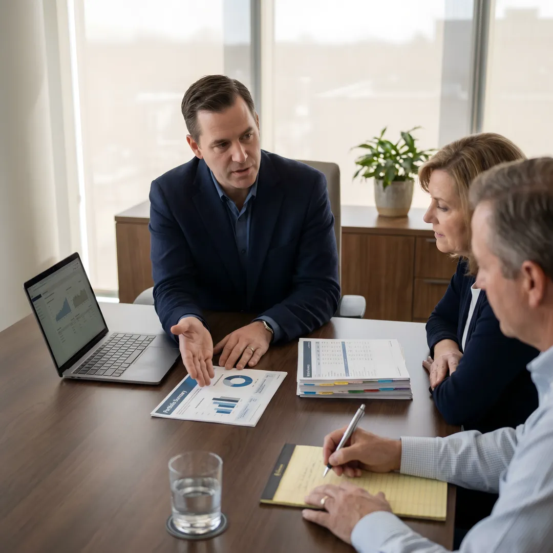 Advisor reviewing wealth planning documents with clients