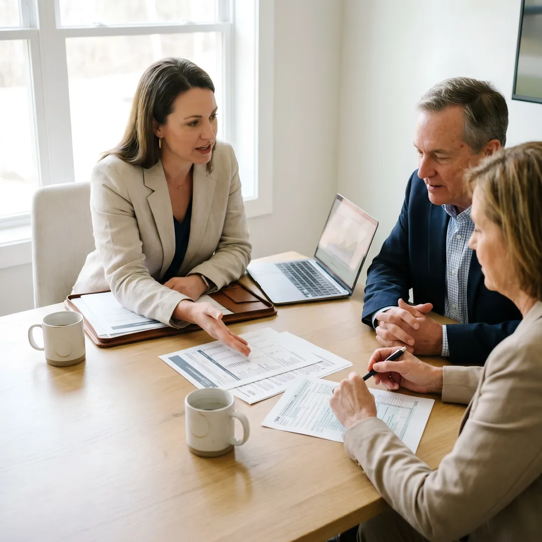 Advisor reviewing retirement planning documents with clients