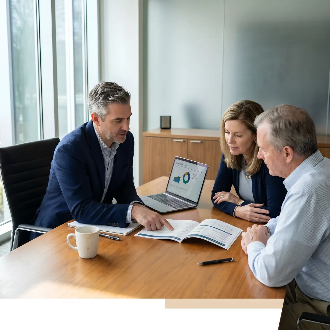 Financial advisor discussing a comprehensive plan with clients