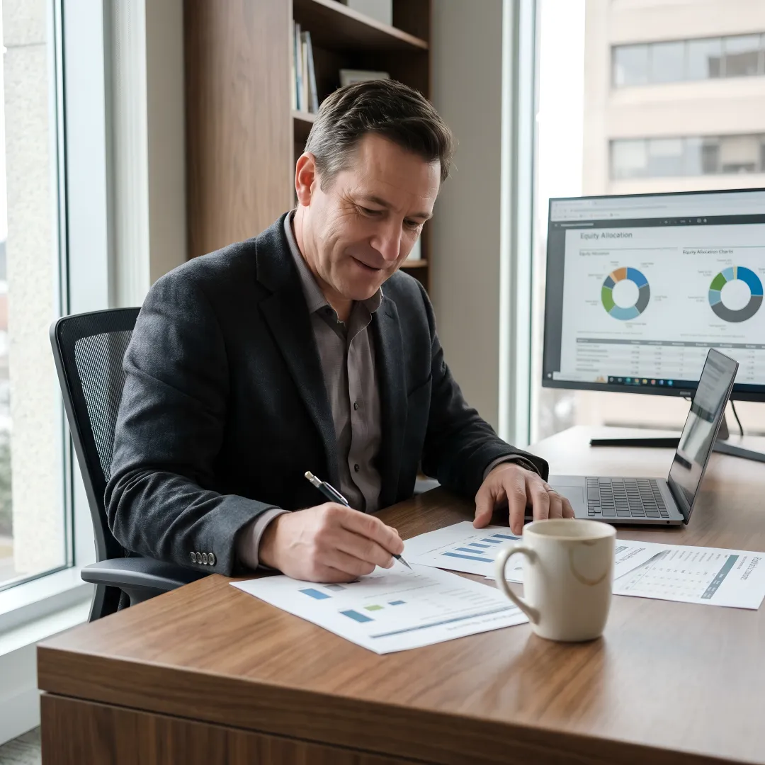 Advisor reviewing global equity portfolio charts