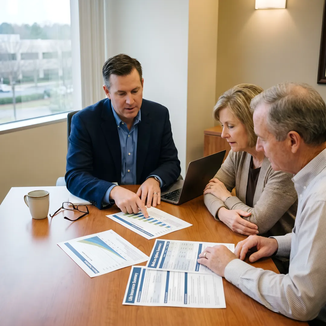 Advisor reviewing retirement insurance options with clients