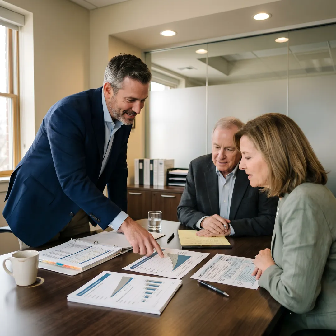 Advisor reviewing financial planning documents with clients