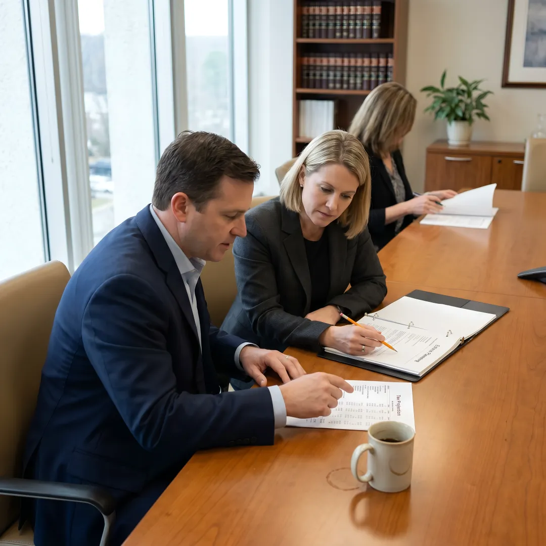 Advisors reviewing business tax and estate planning documents